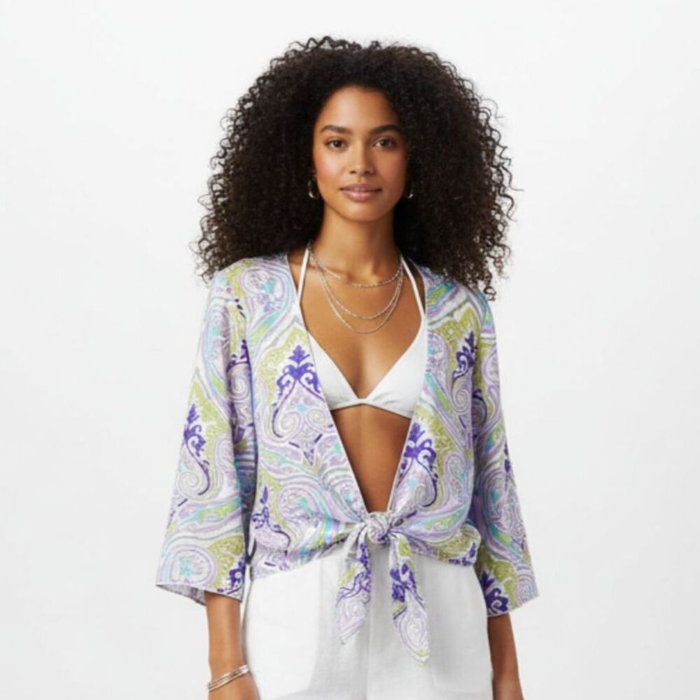 Soft Surroundings 100% Silk White Print Tie Waist 3/4 Sleeve Blouse Top 2X